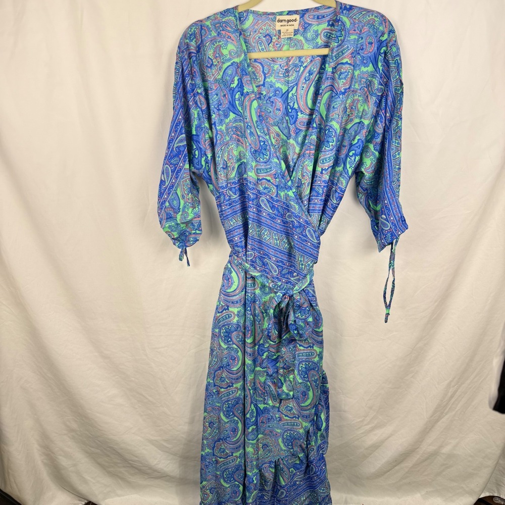 Darn Good Zaria Maxi Ruffle Paisley Blue Green Wrap Dress Small Light Resortwear